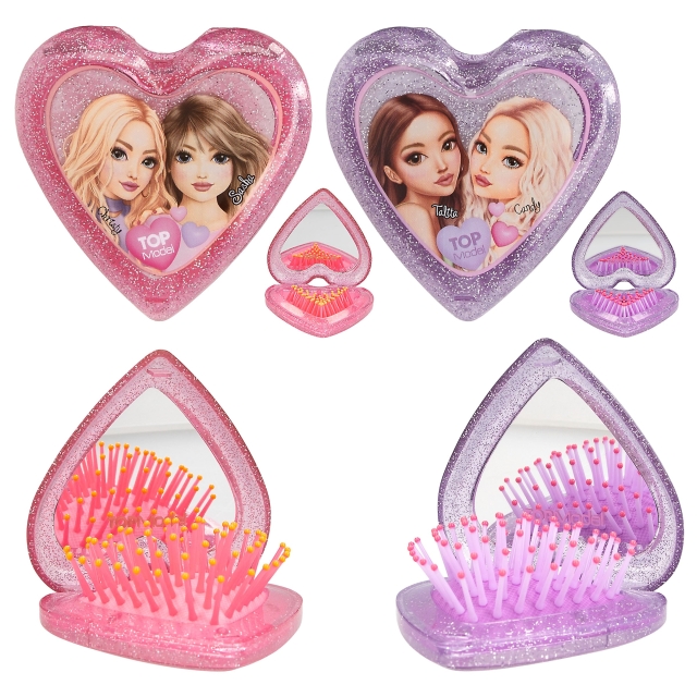 TOPModel TOPModel Folding Hairbrush with Mirror - Heart Shaped - Transparent Pink and Purple (0413030)