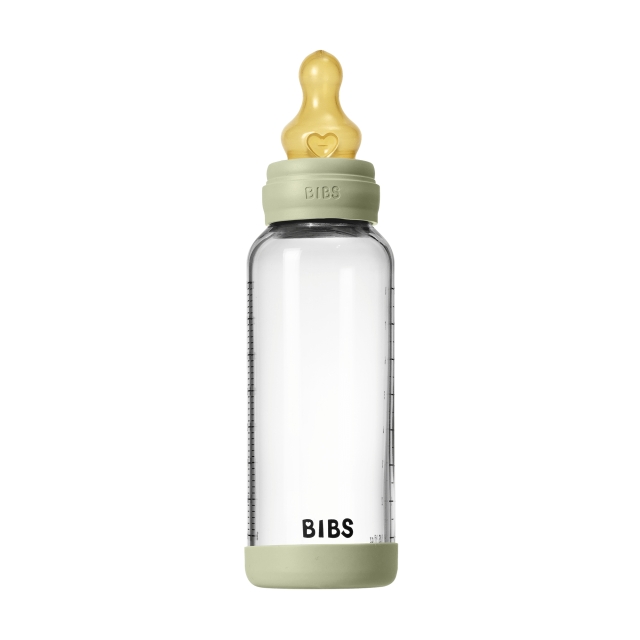 BIBS Glass Baby Bottle Round Latex Medium Flow - Sage - 240 ml