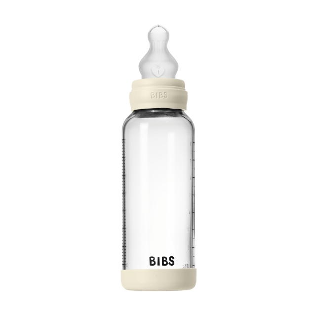 BIBS Glass Baby Bottle Round Silicone Medium Flow - Ivory - 240 ml