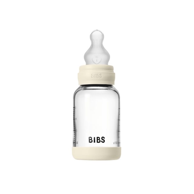 BIBS Glass Baby Bottle Round Silicone 1 pack 120 ml Slow Flow - Ivory - 120 ml