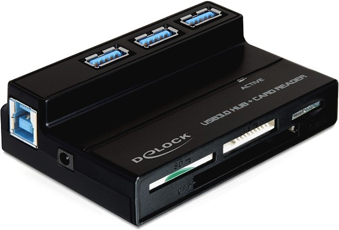 DeLOCK, USB 3.0 minneskortläsare och 3 portars hubb, 4 fack, svart in the group HOME ELECTRONICS / Storage media / Memory card reader at TP E-commerce Nordic AB (38-16549)