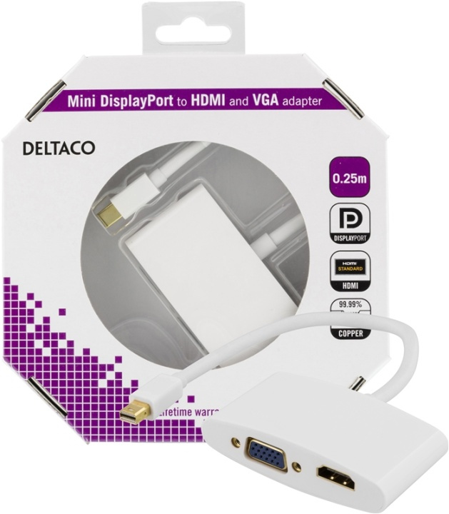DELTACO mini DisplayPort till HDMI och VGA-adapter, 0,25m, vit in the group HOME ELECTRONICS / Cables & Adapters / HDMI / Adapters at TP E-commerce Nordic AB (38-16843)
