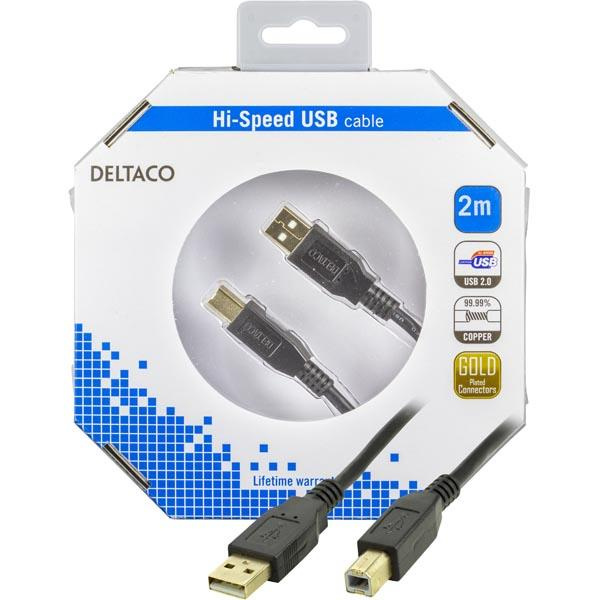 DELTACO, USB 2.0 kabel Typ A hane - Typ B hane 2m, svart (USB-218S-K) in the group COMPUTERS & PERIPHERALS / Computer cables / USB / USB-A at TP E-commerce Nordic AB (38-18147)