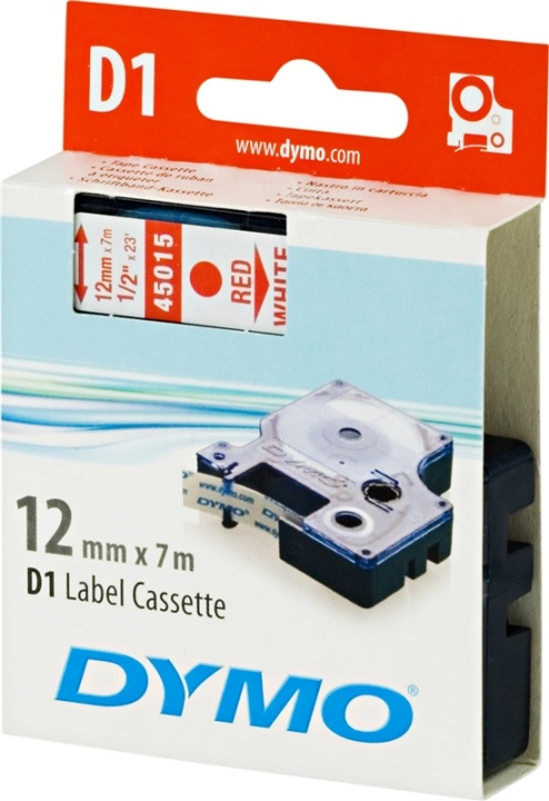 DYMO D1 märktejp standard 12mm, rött på vitt, 7m rulle (45015) in the group COMPUTERS & PERIPHERALS / Printers & Accessories / Printers / Label machines & Accessories / Tape at TP E-commerce Nordic AB (38-18542)
