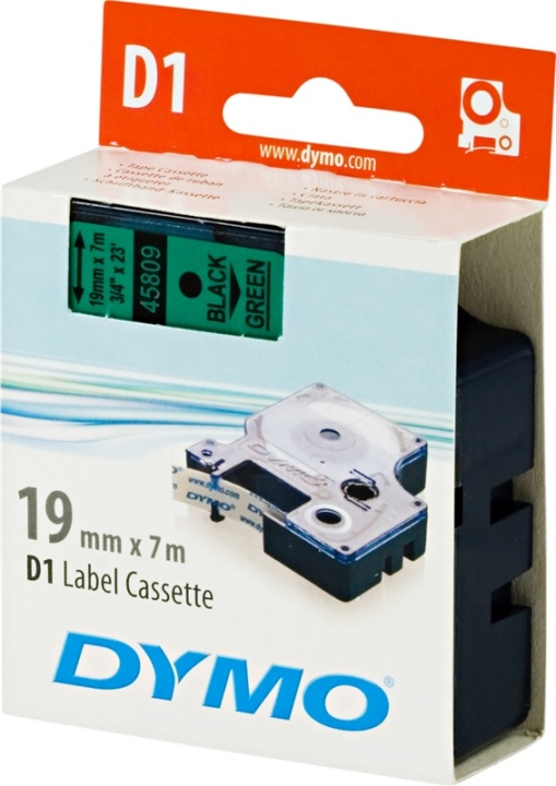 DYMO D1 märktejp standard 19mm, svart på grönt, 7m rulle (45809) in the group COMPUTERS & PERIPHERALS / Printers & Accessories / Printers / Label machines & Accessories / Tape at TP E-commerce Nordic AB (38-18554)
