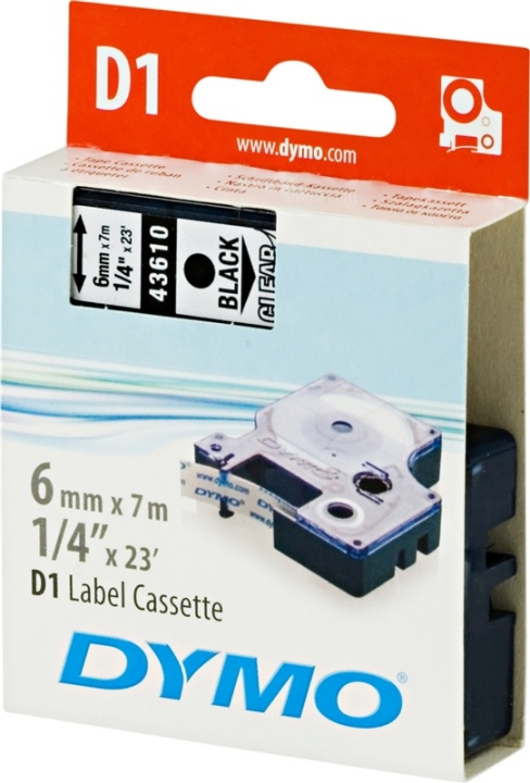 DYMO D1 märktejp standard 6mm, svart på transparent, 7m rulle (43610 in the group COMPUTERS & PERIPHERALS / Printers & Accessories / Printers / Label machines & Accessories / Tape at TP E-commerce Nordic AB (38-18572)