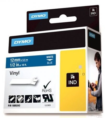 DYMO Rhino Professional, 12mm, märkbar vinyltejp, vit text blå tejp, in the group COMPUTERS & PERIPHERALS / Printers & Accessories / Printers / Label machines & Accessories / Tape at TP E-commerce Nordic AB (38-18615)