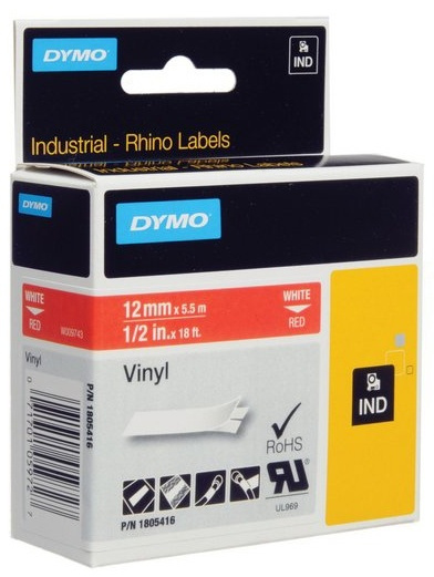 DYMO Rhino Professional, 12mm, märkbar vinyltejp, vit text röd tejp in the group COMPUTERS & PERIPHERALS / Printers & Accessories / Printers / Label machines & Accessories / Tape at TP E-commerce Nordic AB (38-18618)