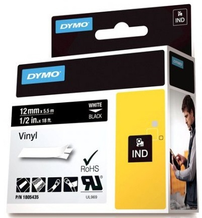 DYMO Rhino Professional, 12mm, märkbar vinyltejp, vit text svart tejp in the group COMPUTERS & PERIPHERALS / Printers & Accessories / Printers / Label machines & Accessories / Tape at TP E-commerce Nordic AB (38-18619)