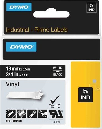 DYMO RhinoPRO 19mm vinyltejp, vit på svart, 5.5m rulle in the group COMPUTERS & PERIPHERALS / Printers & Accessories / Printers / Label machines & Accessories / Tape at TP E-commerce Nordic AB (38-18641)