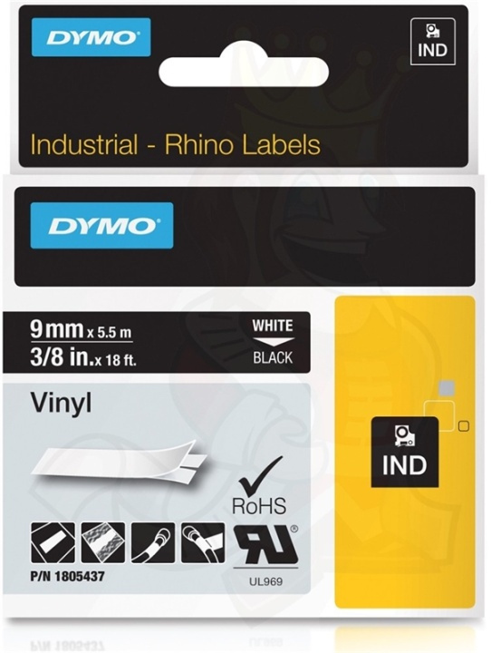 DYMO RhinoPRO 9mm vinyltejp, vit på svart, 5.5m rulle in the group COMPUTERS & PERIPHERALS / Printers & Accessories / Printers / Label machines & Accessories / Tape at TP E-commerce Nordic AB (38-18643)