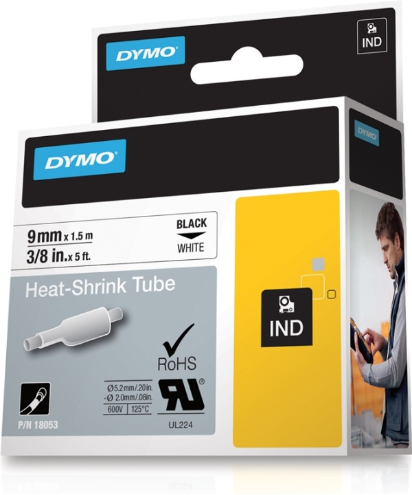 DYMO RhinoPRO märkbar krympslang 9mm, svart på vitt, 1.5m rulle in the group COMPUTERS & PERIPHERALS / Printers & Accessories / Printers / Label machines & Accessories / Tape at TP E-commerce Nordic AB (38-18651)