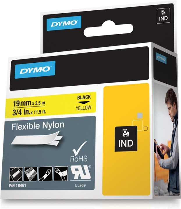 DYMO RhinoPRO märktejp flex nylon 19mm, svart på gult in the group COMPUTERS & PERIPHERALS / Printers & Accessories / Printers / Label machines & Accessories / Tape at TP E-commerce Nordic AB (38-18654)
