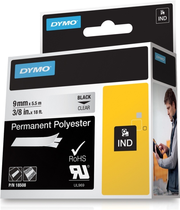DYMO RhinoPRO märktejp perm polyester 9mm, svart på transp, 5,5m in the group COMPUTERS & PERIPHERALS / Printers & Accessories / Printers / Label machines & Accessories / Tape at TP E-commerce Nordic AB (38-18665)