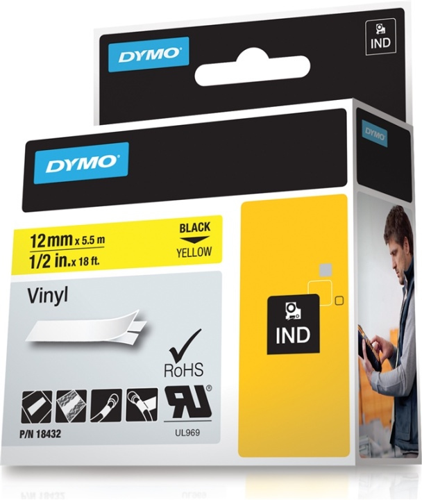 DYMO RhinoPRO märktejp perm vinyl 12mm, svart på gult, 5.5m rulle in the group COMPUTERS & PERIPHERALS / Printers & Accessories / Printers / Label machines & Accessories / Tape at TP E-commerce Nordic AB (38-18666)