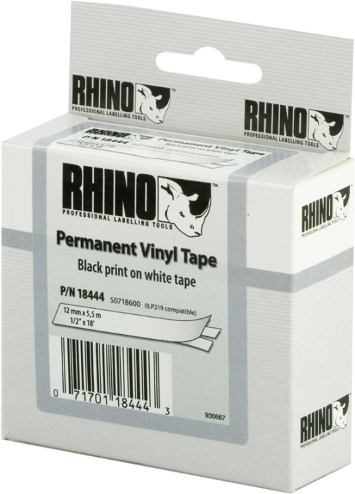 DYMO RhinoPRO märktejp perm vinyl 12mm, svart på vitt, 5.5m rulle in the group COMPUTERS & PERIPHERALS / Printers & Accessories / Printers / Label machines & Accessories / Tape at TP E-commerce Nordic AB (38-18668)