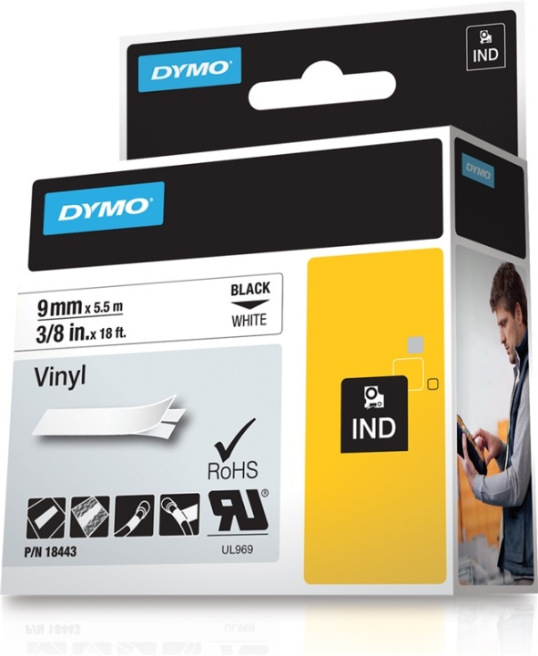 DYMO RhinoPRO märktejp perm vinyl 9mm, svart på vitt, 5.5m rulle in the group COMPUTERS & PERIPHERALS / Printers & Accessories / Printers / Label machines & Accessories / Tape at TP E-commerce Nordic AB (38-18672)