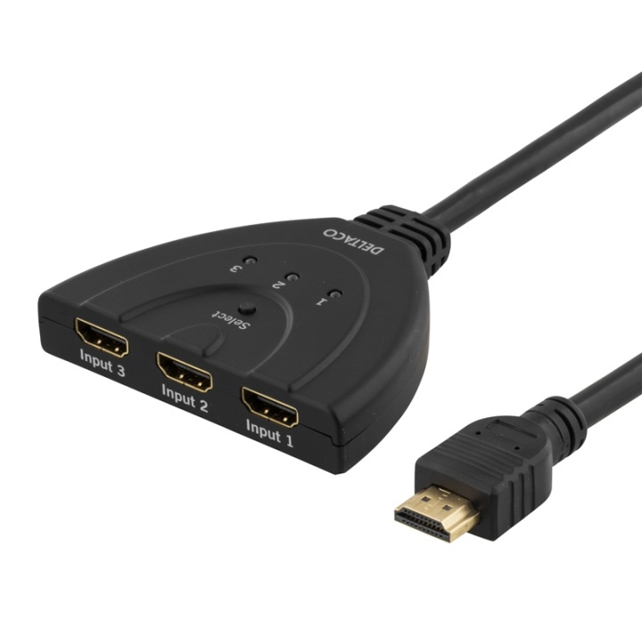 DELTACO HDMI Pigtail Switch, auto/manu HDMI-switch, tre till en, sv in the group COMPUTERS & PERIPHERALS / Computer cables / Switches at TP E-commerce Nordic AB (38-18821)