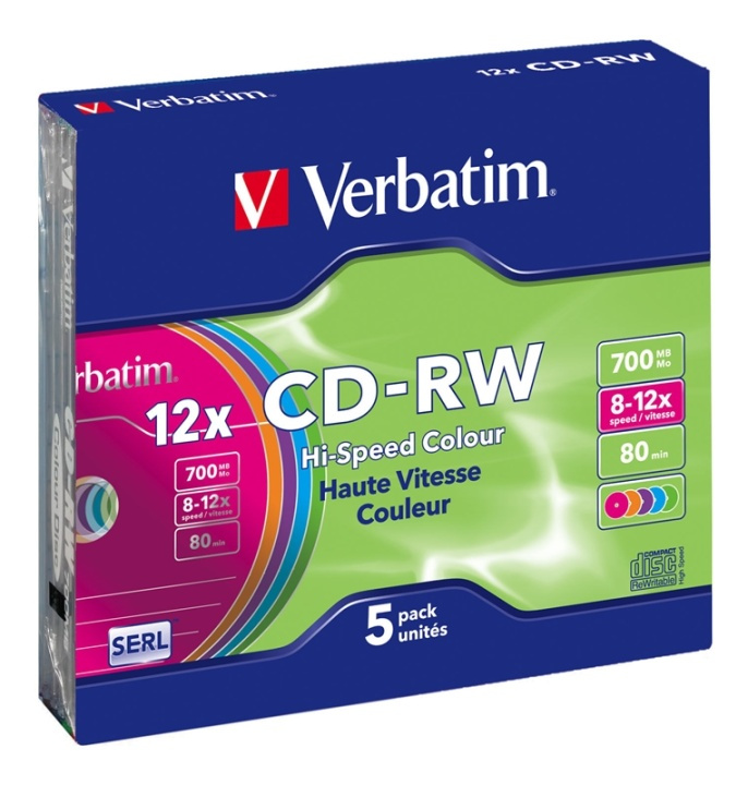 Verbatim CD-RW, 12x, 700 MB/80 min, 5-pack slim case, SERL, färgade in the group HOME ELECTRONICS / Storage media / CD/DVD/BD-Discs / CD-RW at TP E-commerce Nordic AB (38-23642)