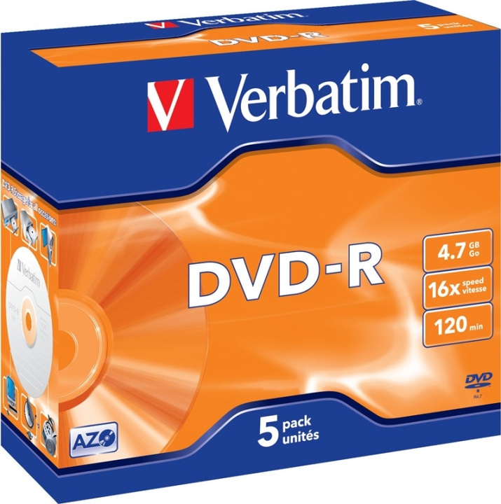 Verbatim DVD-R, 16x, 4,7 GB/120 min, 5-pack jewel case, AZO in the group HOME ELECTRONICS / Storage media / CD/DVD/BD-Discs / DVD-R at TP E-commerce Nordic AB (38-23685)