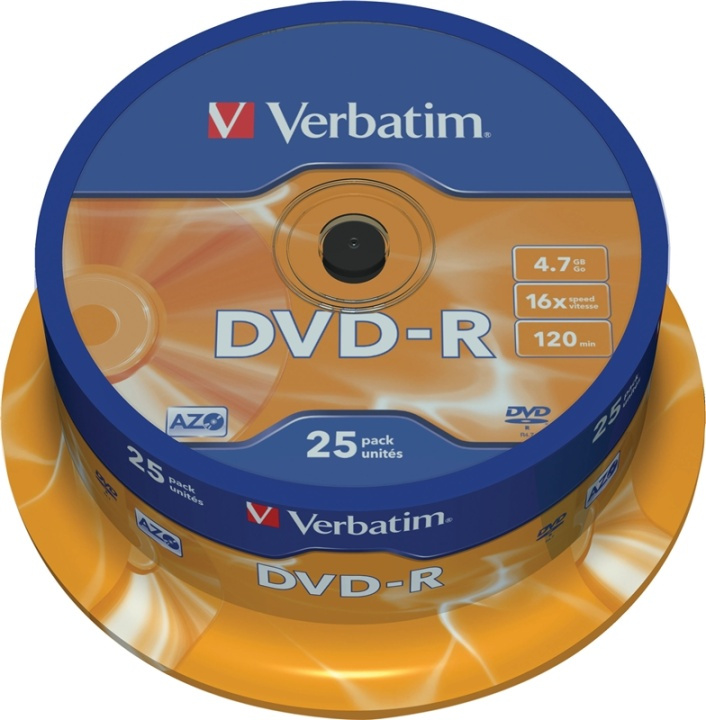 Verbatim DVD-R, 16x, 4,7 GB/120 min, 25-pack spindel, AZO in the group HOME ELECTRONICS / Storage media / CD/DVD/BD-Discs / DVD-R at TP E-commerce Nordic AB (38-23687)