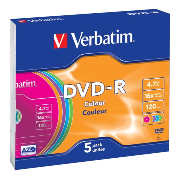 Verbatim DVD-R, 16x, 4,7 GB/120 min, 5-pack slim case, AZO, färgade in the group HOME ELECTRONICS / Storage media / CD/DVD/BD-Discs / DVD-R at TP E-commerce Nordic AB (38-23692)