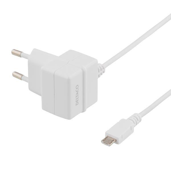 DELTACO strömadapter från 230V till 5V USB micro B hane, 1A, 1m, vit (USB-AC68) in the group SMARTPHONE & TABLETS / Chargers & Cables / Wall charger / Wall charger microUSB at TP E-commerce Nordic AB (38-23954)