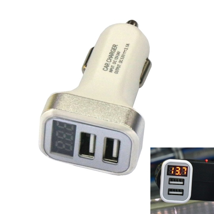 USB car charger with 2 USB ports and display, Silver in the group SMARTPHONE & TABLETS / Chargers & Cables / Car chargers / Car chargers USB at TP E-commerce Nordic AB (38-26745)