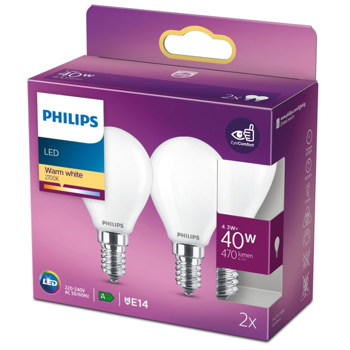 Philips 2-pack LED E14 Klot 40W Frost in the group HOME ELECTRONICS / Lighting / LED lamps at TP E-commerce Nordic AB (38-28881)