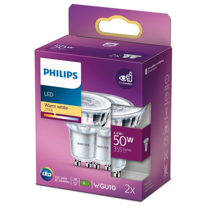 Philips 2-pack LED GU10 Spot 50W 355lm in the group HOME ELECTRONICS / Lighting / LED lamps at TP E-commerce Nordic AB (38-28892)