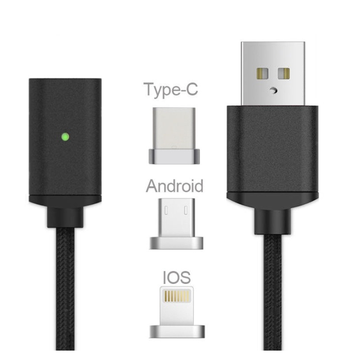 Magnetisk USB-kabel 3 i 1 - USB-C, Micro, Lightning (Svart) in the group SMARTPHONE & TABLETS / Chargers & Cables / Cables / Cables microUSB at TP E-commerce Nordic AB (38-29770)