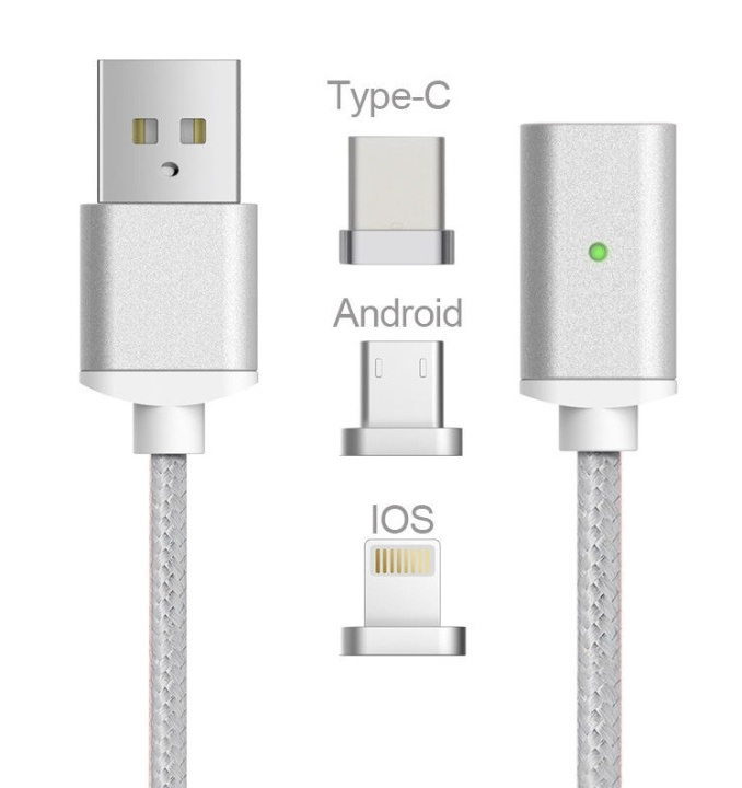 Magnetic USB cable 3 in 1 - USB-C, Micro, Lightning (Silver) in the group SMARTPHONE & TABLETS / Chargers & Cables / Cables / Cables microUSB at TP E-commerce Nordic AB (38-29771)