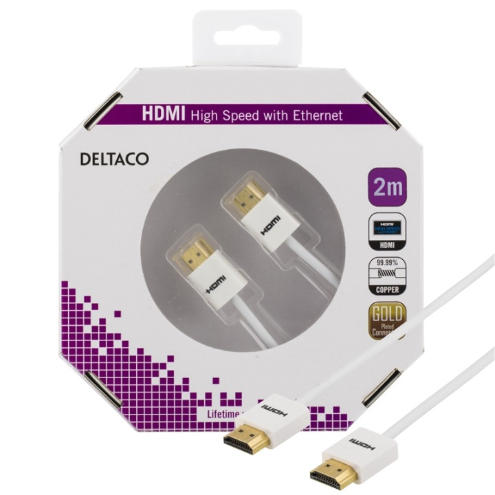 DELTACO thin HDMI cable, HDMI High Speed with Ethernet, 2m, white in the group HOME ELECTRONICS / Cables & Adapters / HDMI / Cables at TP E-commerce Nordic AB (38-36766)