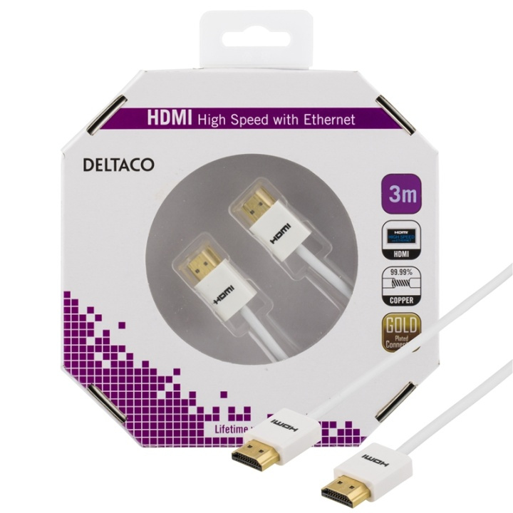 DELTACO thin HDMI-cable, HDMI High Speed with Ethernet, 3m, white in the group HOME ELECTRONICS / Cables & Adapters / HDMI / Cables at TP E-commerce Nordic AB (38-36767)