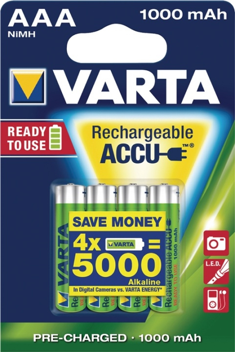 Varta Rechargeable NiMH Battery AAA | 1.2 V DC | 1000 mAh | Precharged | 4-Blister Card in the group HOME ELECTRONICS / Batteries & Chargers / Rechargable batteries / AAA at TP E-commerce Nordic AB (38-41940)