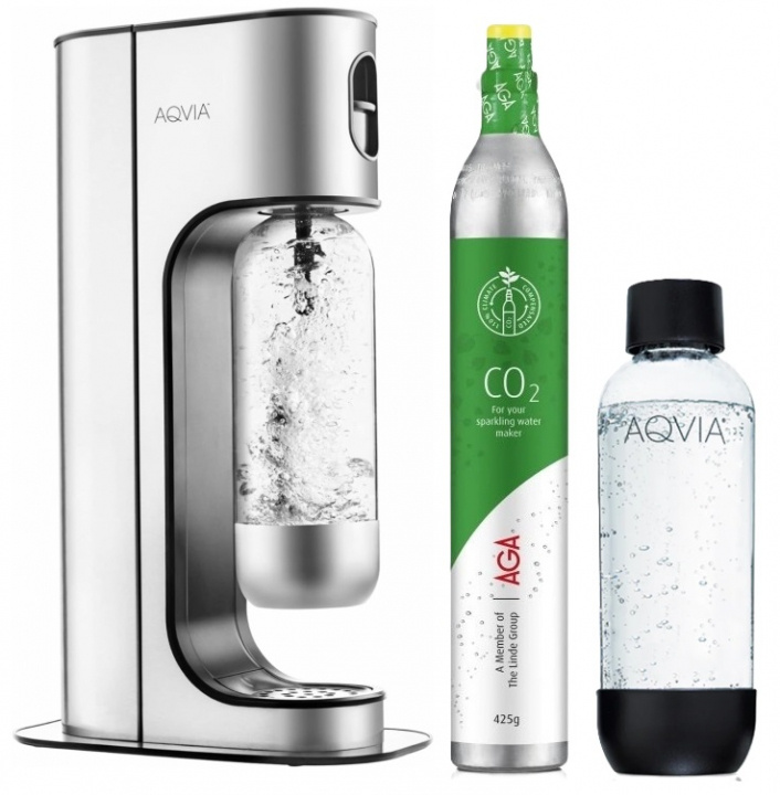 AGA Aqvia Exclusive Steel Black inkl. 2 flaskor + kolsyrepatron, Fyndvara in the group HOME, HOUSEHOLD & GARDEN / Household appliances / Water & Juice / Carbonation machines / Carbonation machines at TP E-commerce Nordic AB (38-5273D)