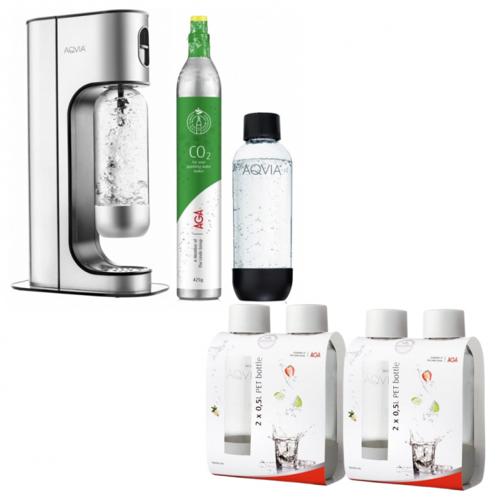 AGA Aqvia Exclusive Steel Black inkl. 2 1L flaskor, 4x0,5L flaskor + kolsyrepatron in the group HOME, HOUSEHOLD & GARDEN / Household appliances / Water & Juice / Carbonation machines / Carbonation machines at TP E-commerce Nordic AB (38-5273PKT3)