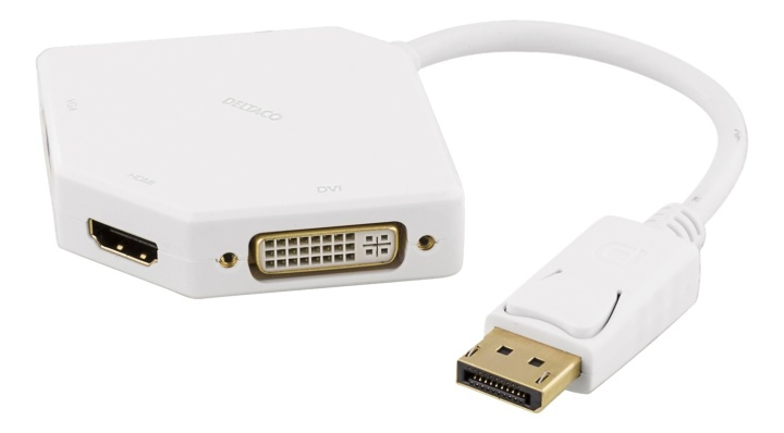 DELTACO DisplayPort to DVI/HDMI/VGA adapter, UHD at 60Hz, 0,2m, white in the group COMPUTERS & PERIPHERALS / Computer cables / DisplayPort / Adapters at TP E-commerce Nordic AB (38-53327)