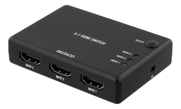 DELTACO HDMI Switch, 3 inputs to 1 output, sup 4K in 60Hz, 7.1, black in the group COMPUTERS & PERIPHERALS / Computer cables / Switches at TP E-commerce Nordic AB (38-53389)