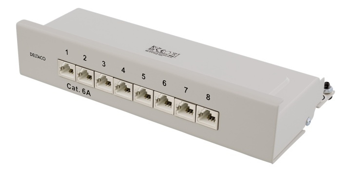 DELTACO Patch Panel, 8xRJ45, Cat6a, wall-mountable, metal, gray in the group COMPUTERS & PERIPHERALS / Network / Routrar at TP E-commerce Nordic AB (38-53481)