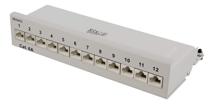 DELTACO Patch Panel, 12xRJ45, Cat6a, wall-mountable, metal, gray in the group COMPUTERS & PERIPHERALS / Network / Routrar at TP E-commerce Nordic AB (38-53483)