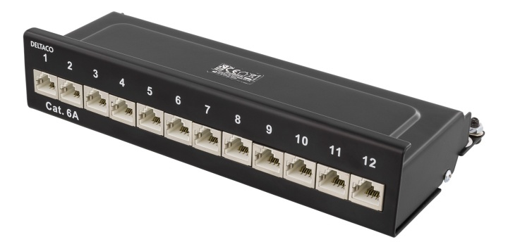 DELTACO Patch Panel, 12xRJ45, Cat6a, wall-mountable, metal, black in the group COMPUTERS & PERIPHERALS / Network / Routrar at TP E-commerce Nordic AB (38-53484)