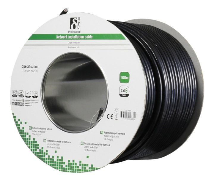 DELTACO F/UTP Cat6 installation cable, for outdoor use, 100m, black in the group COMPUTERS & PERIPHERALS / Computer cables / Network cables / Cat6 at TP E-commerce Nordic AB (38-53584)