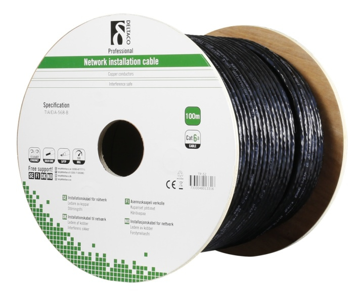 DELTACO S/FTP Cat6a installation cable, for outdoor use, 100m, black in the group COMPUTERS & PERIPHERALS / Computer cables / Network cables / Cat6 at TP E-commerce Nordic AB (38-53586)