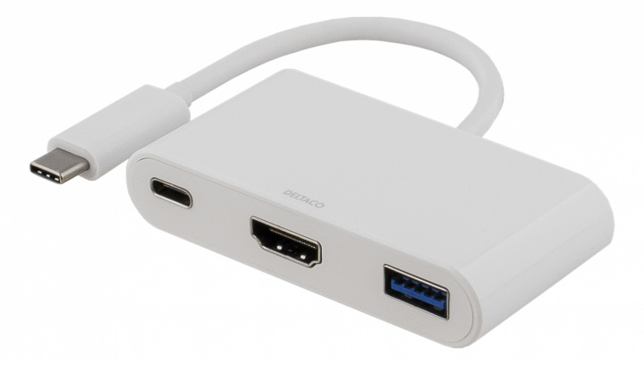 DELTACO USB-C till HDMI och USB Typ A adapter, USB-C ho, 60W, vit in the group HOME ELECTRONICS / Cables & Adapters / HDMI / Adapters at TP E-commerce Nordic AB (38-53709)