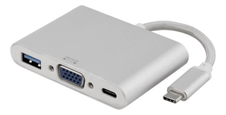 DELTACO PRIME USB-C till VGA och USB A, USB-C port för laddning, silver in the group COMPUTERS & PERIPHERALS / Computer cables / VGA / Adapters at TP E-commerce Nordic AB (38-53717)