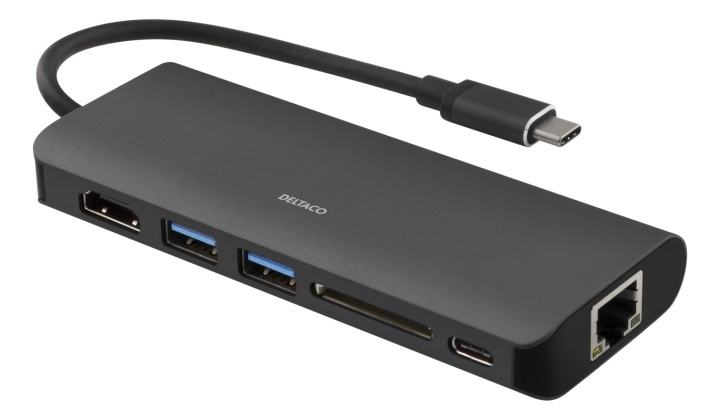 DELTACO USB-C docking station with HDMI, RJ45, 2xUSB A, USB-C PD, blac in the group COMPUTERS & PERIPHERALS / Laptops & accessories / Docking station at TP E-commerce Nordic AB (38-54123)