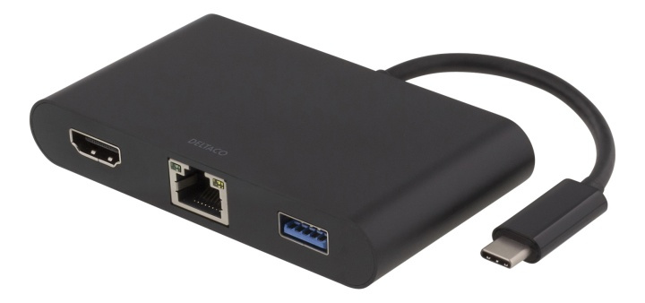 DELTACO USB-C docking station, HDMI, RJ45, 1xUSB A, USB-C PD, black in the group COMPUTERS & PERIPHERALS / Laptops & accessories / Docking station at TP E-commerce Nordic AB (38-54124)