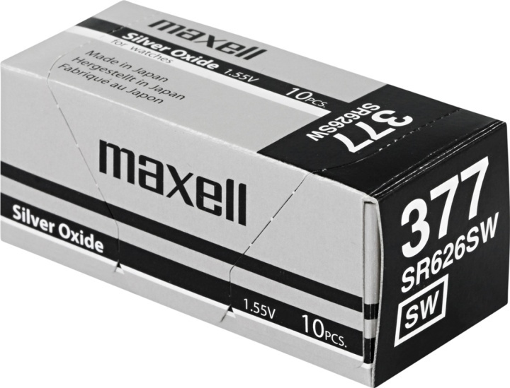 Maxell knappcellsbatteri, Silver-oxid, SR626SW(377), 1,55V, 10-pack in the group HOME ELECTRONICS / Batteries & Chargers / Batteries / Button cell at TP E-commerce Nordic AB (38-54995)