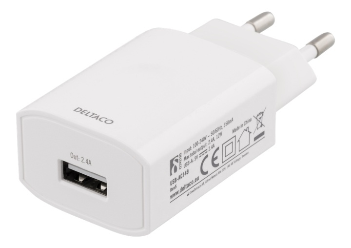 DELTACO wall charger, 100-240 V, 5 V 2,4 A, 1xUSB-A, retailpack, white in the group SMARTPHONE & TABLETS / Chargers & Cables / Wall charger / Wall charger USB at TP E-commerce Nordic AB (38-61817)
